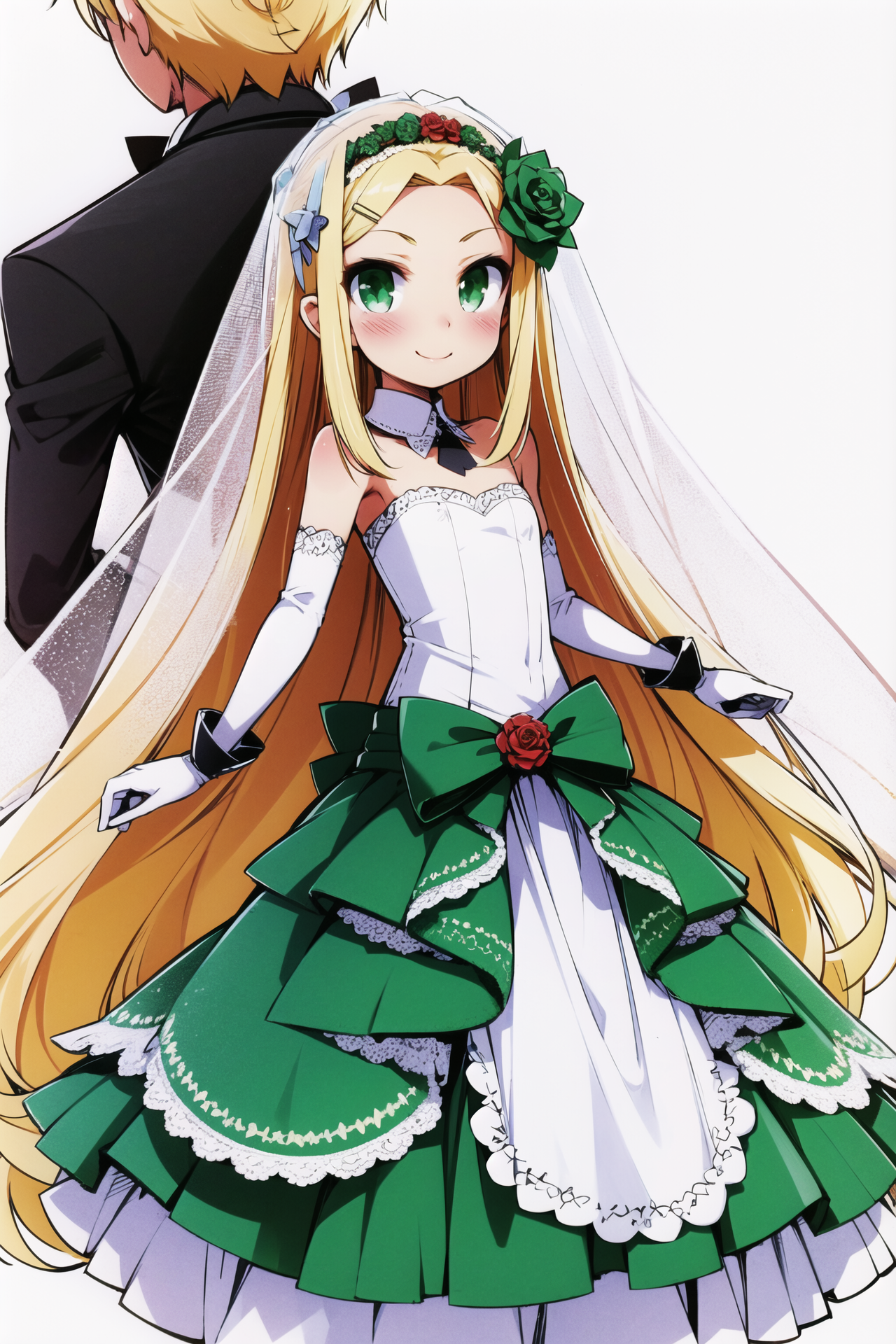 16085-902775681-Astarotte Ygvar, 1girl, solo, bouquet, blonde hair, long hair, green eyes, tail, flower, dress, wedding dress, pantyhose, smile,.png